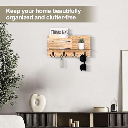 Key and Mail Holder for Wall Decorative - Rustic Mail Organizer Wall Mount, Wooden Letter Sorter Organizer with 4 Key Rack Hooks for Hallway Kitchen Farmhouse Decor (16.5” x 9.1” x 3.4”) (Brown) - color: Wood
