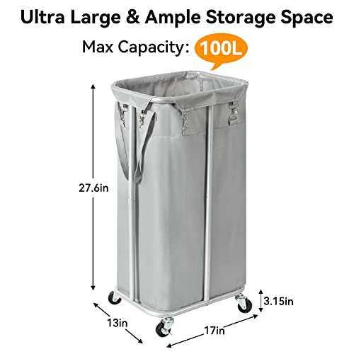 WOWLIVE 100L Rolling Laundry Hamper with Wheels Large Laundry Basket Organizer Laundry Cart with Steel Frame and Removable Bag Foldable Tall Dirty Clothes Hamper Dorm Room Storage for Bedroom (Grey) - color: Grey, size: 100L (17.0×13.0×30.8in)
