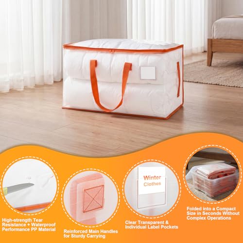KYODOLED Clear Moving Bags with Orange Handles, 2-Pack Heavy Duty Storage Totes for Clothes & Bedding, Extra Large 27"x14"x15" (24 Gal), Foldable Transparent Moving Supplies with Label Pocket - color: Clear+Orange, size: 2PACK
