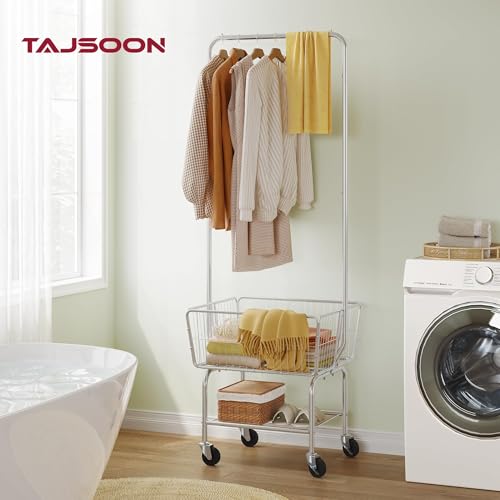 Tajsoon Laundry Cart with Hanging Rack, Metal Rolling Laundry Cart with Wheels and Storage Basket, Silver - color: Silver