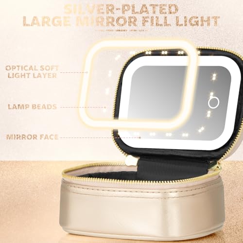 Mini Makeup Bag with Led Mirror, Small Travel Make up Bag 3 Light Modes Adjustable Brightness, for Women Organizer Cosmetic Bag, Portable Travel Train Toiletry Bag, for Pool Parties Work Touch-Ups - color: Gold