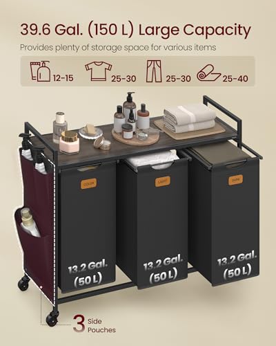 VASAGLE Laundry Hamper, Laundry Sorter Rolling Cart with Shelves, Small Side Pockets, 6 Labels, 3 Compartments, 39.6 Gal. (150 L), Ink Black and Ash Brown UBLH223BH01 - color: Ink Black + Ash Brown, size: 3 Bags