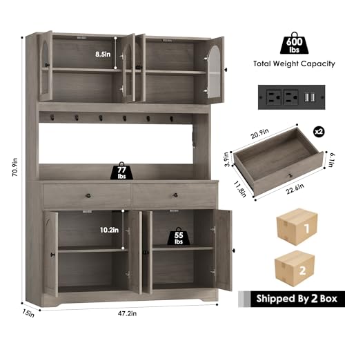 HIFIT 71" LED Kitchen Pantry Cabinet with Power Outlet, Large Kitchen Hutch Storage Cabinet with Arched Door, Shelves, 2 Drawer, Tall Farmhouse Coffee Bar w/Hutch for Home Dining Living Room, Ash Grey - color: Ash Grey