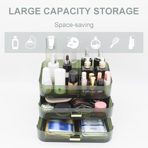 Makeup Organizer with 2 Drawers, Cosmetics Organizer for Bedroom and Bathroom Vanity Countertops, Large Capacity Cosmetic Storage Box for Skincare Cream Perfume Lipstick Dresser Counter-Green - color: Green-1, size: 2 Drawers