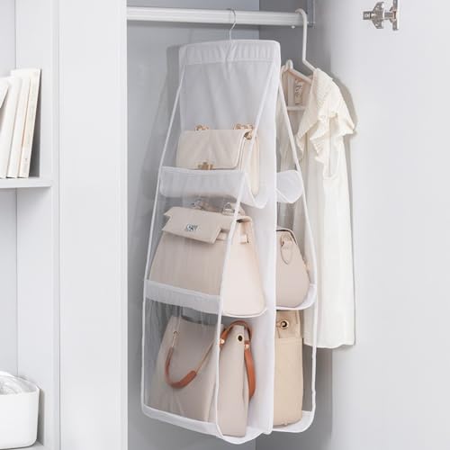 HAN SHENG 6 Pockets Clear Handbag & Purse Organizer Hanging Bag Storage - Space Saving Hanging Shelf for Closet, Wardrobe, Over Door (1 Pack, White) - color: White, size: 6 Pockets-1pc
