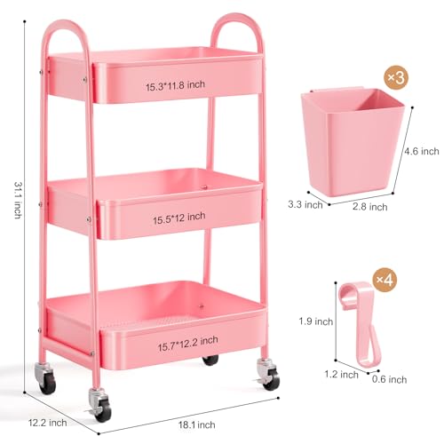 3 Tier Metal Rolling Cart with Lockable Wheels and Handle, Three Tiered Pink Trolley Cart on Wheels, Utility Storage Organizer for Bathroom, Kitchen, Teachers, Art, Crafts, Baby Diaper, Snack, Nail - color: Fashion Pink, size: 3 tier