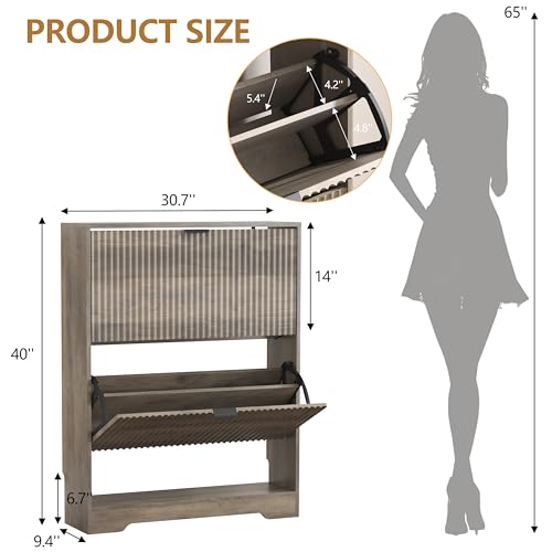HUANLEGO Shoe Cabinet Storage for Entryway with 2 Flip Drawers, Grey Fluted Shoe Cabinet with Open Storage, Wooden Hidden Shoe Rack Freestanding Narrow Slim Shoes Organizer for Hallway, Entrance - color: Grey, size: 2 Drawer
