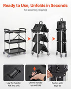 VEVOR Foldable Utility Service Cart, 165LBS 3 Shelf Heavy Duty Plastic Rolling Cart with 360° Swivel Wheels (2 with Brakes), Ergonomic Handle, Portable Garage Tool Cart for Warehouse Office Home