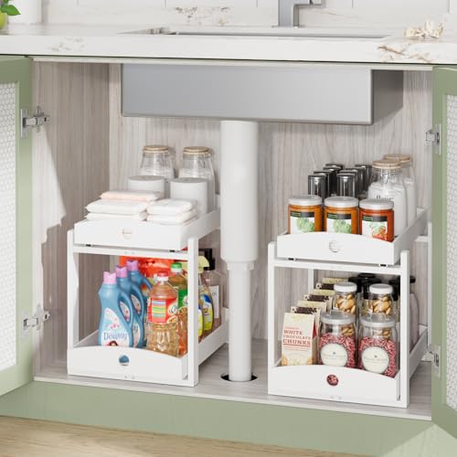 APRTAT 2 Pack Under Sink Organizer, Bamboo Wooden 2-Tier Pull-Out Storage with Sliding Drawers for Kitchen and Bathroom Cabinets, Easy Installation (White) - color: White