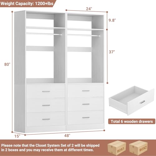 Besiost Closet System Set of 2, 4FT Closet Systems with 6 Wood Drawers, 48" Closet Organizer System with 2 Hanging Rods & 2 Shelves, Heavy Duty 48 Inch Walk-in Closet , White (48"L x 15" W x 80" H) - color: White, size: 4FT