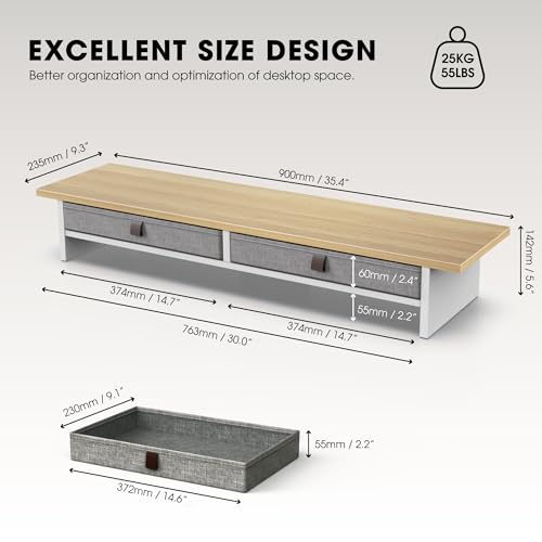 Fenge Monitor Stand with Drawer, 2 Tiers Dual Monitor Riser for Desk, 35 Inch Computer Stand for 2 Monitors, Desk Shelf for Home, Office, Laptop, PC, TV, Printer - color: Oak