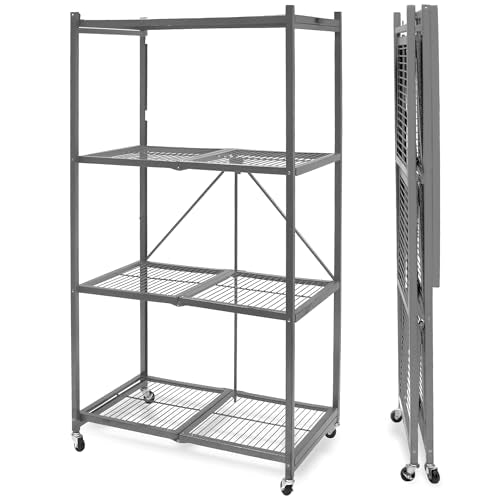 Origami R5 4-Shelf Heavy-Duty Folding Storage Rack, Pewter - Large Foldable Metal Shelving Unit with Wheels for Garage, Pantry, Basement, Laundry Room or Warehouse - color: Pewter, size: 1-Pack