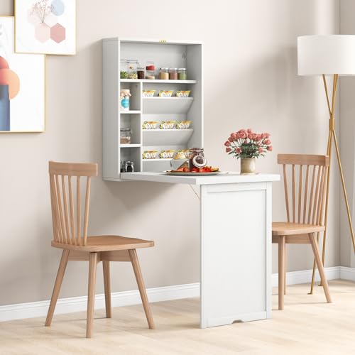 Tangkula Foldable Wall Mounted Desk, Floating Table with Storage Shelves & Hooks, Space-Saving Fold-Up Murphy Desk for Small Spaces, Home Office, Dorm Room - color: White