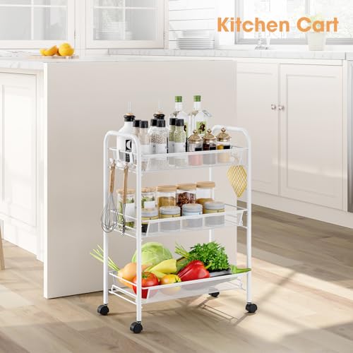 TOOLF 3-Tier Metal Rolling Cart, Mesh Wire Easy Assemble Utility Cart, Storage Trolley on Wheels with 3 Hooks, MetalStorage Shelving Units for Kitchen Bathroom Laundry Room - color: White, size: 3-Tier