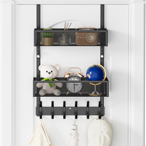 Over The Door Hooks Organizer, Over The Door Towel Rack with 12 Coat Hooks and 2 Mesh Basket, Bathroom Door Organizer Back of Door Hanger Organizer for Bedroom, Kitchen(Black) - color: Black, size: 2 Baskets