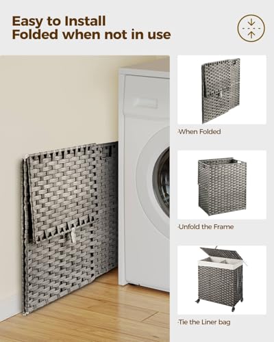 Greenstell Laundry Hamper with Wheels, No Install Needed, 110L Divided Handwoven Hampers & 2 Removable Liner Bags, Rattan Clothes Laundry Basket with Lid & Handles, Foldable Hampers Gray 22x13x26.4 In - color: Gray, size: 110L: 22.0x13.5x26.4 Inches