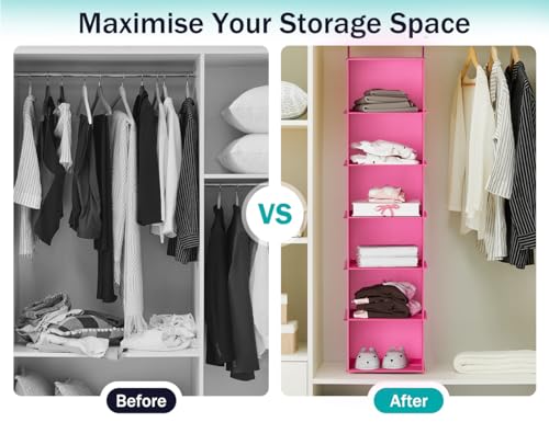 YOUDENOVA Hanging Closet Organizer, 6-Shelf Closet Hanging Shelves, Pink - color: Pink, size: 6-Tier