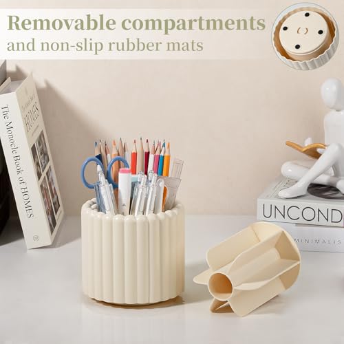 Anyoifax 360° Rotating Pen Holder 7 Slots Desk Organizer Removable Pencil Cup Plastic Art Supplies and Accessories Desktop Storage Box Caddy for Office, School, Home (Beige) - style: Stripe Beige