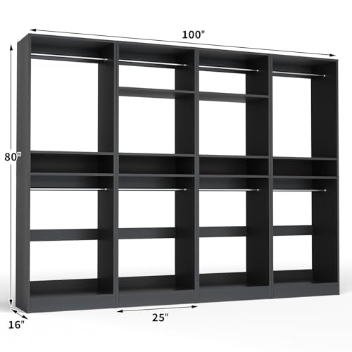 Unikito 100 Inch Large Closet System, 8.3FT Wood Closet Organizer Kit with 8 Hanging Rods, Adjustable Walk in Wardrobe Closet Tower, Sturdy Luxury Clothes Garment Rack, Easy Assembly, Set of 4, Black - color: Black, size: 100 Inch