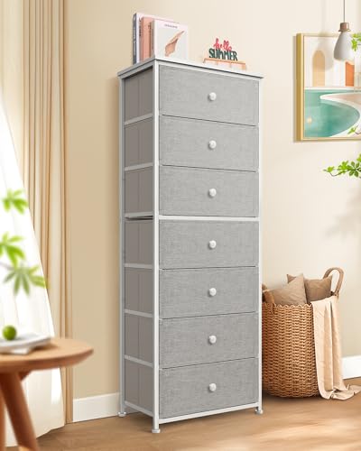 Mifuro Tall Fabric Dresser for Bedroom, Vertical Storage Organizer Tower with 7 Drawers, Chest of Drawers with Bins, Steel Frame, Wood Top for Bedroom, Closet, Entryway Light Grey - color: Light Grey, size: 7 Large Drawers