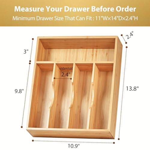 Umilife Bamboo Kitchen Drawer Organizer, 11 Inch Silverware Utensils Tray Holder with Grooved Dividers, 2.4" High Wood Caddy for Flatware Cutlery Knives - size: 11 x 14 inch (5 Slots)