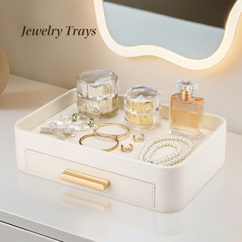 GORESE PU Leather Valet Tray with Drawer, Nightstand Organizer Catch All Tray for Jewelry Perfume Purse Trinket Key Holder, EDC Trays for Desk Vanity Entryway Table, Gift for Women Men, Cream White - color: Cream White