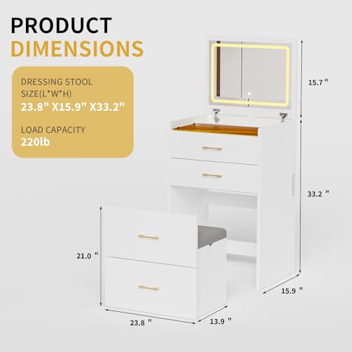 3 in 1 Makeup Vanity Desk with Flip Top Mirror and Lights, Glass Top Compact Vanity with Charging Station, 3 Drawers, Cushioned Stool for Bedroom Gift, White