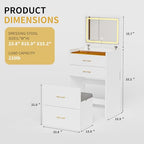 3 in 1 Makeup Vanity Desk with Flip Top Mirror and Lights, Glass Top Compact Vanity with Charging Station, 3 Drawers, Cushioned Stool for Bedroom Gift, White