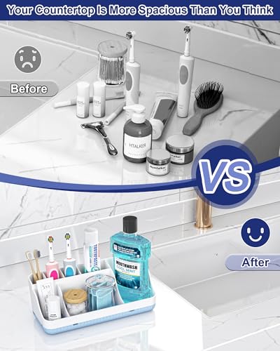 Bathroom Counter Organizer and Storage, 7 Slots Detachable Toothbrush Holders for Bathrooms, Anti-Slip Electric Toothbrush and Toothpaste Holder Countertop Vanity Organizer Accessories for Adults Kids - color: White Blue