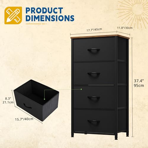 DWVO Dresser with 4 Drawers - Fabric Storage Tower, Organizer Unit for Room, Living Room, Hallway, Closets - color: Black and Rustic Brown, style: 4-Drawer