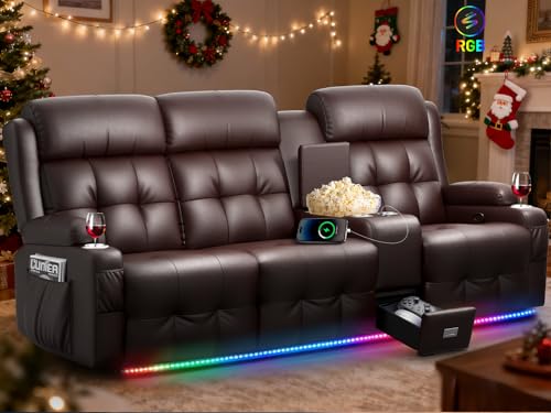 Loveseat Recliner Sofa, 3-Seater Home Theater Seating Massage Reclining Couch with 7 Led Lights, USB, Console, Wall Hugger RV Recliners, 145° Recline & Cup Holders & Side Pockets, for RV & Movie Room - color: Brown, size: 3-Seater 87''