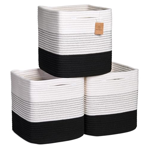 NaturalCozy Storage Cubes 11 Inch Cotton Rope Woven Baskets for Organizing, 3-Pack | Cube Storage Bin | Square Storage Baskets for Shelves Organizer, Classroom, Kids Toy Bins, Closet, Baby Nursery - color: 3-Tone Black