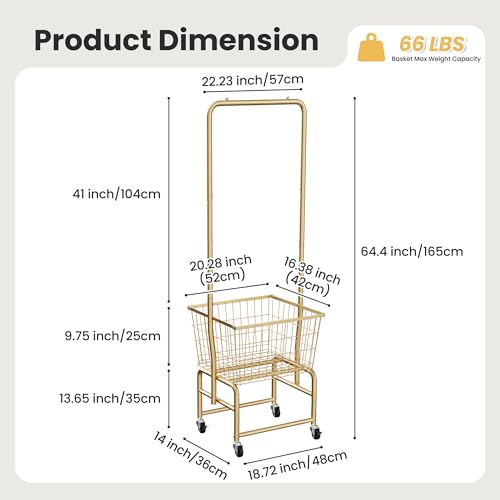 Rolling Laundry Cart with Wheels, Laundry Hamper Basket Organizer with Clothes Hanging Rack, Wire Storage Cloth Shelf Butler, Golden - color: Golden