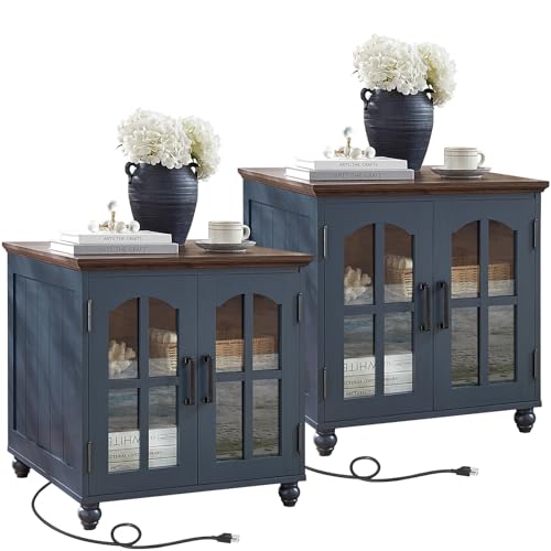 RWYHG Farmhouse 24" End Table Set of 2 with Charging Station, Large Sofa Side Table with Glass Barn Door,Wood Night Stand with Adjustable Storage Shelf,Square Bedside Table for Living Room,Bedroom - color: Blue, size: Set 2