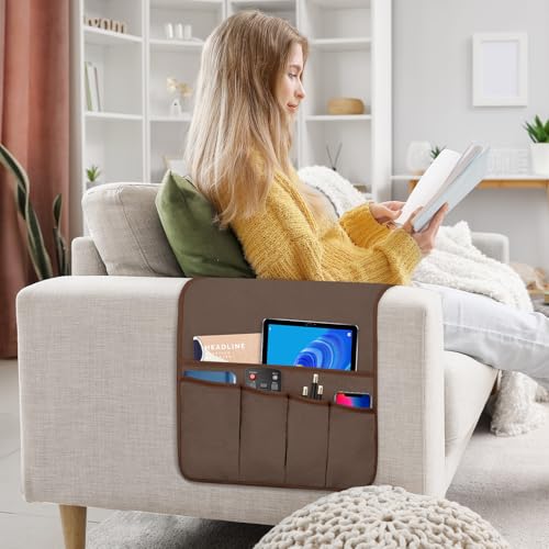 Remote Control Holder for Armchair, Couch Caddy Organizer TV Remote Holder for Bed Storage 5 Pockets, Remote Caddy Bedside Organizer Bedside Table Organizer (Brown, 35"x12.4") - color: Brown, size: 35"x12.4"