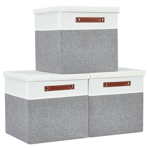 DECOMOMO Storage Basket with Lid, Storage Cubes with Handles, Fabric Box with Lid (Grey and White, 13” / 3 Pack) - color: Grey and White, size: Cube 13"