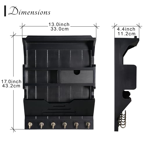 Key Holder for Wall, Elegant Wall-Mounted Mail Organizer with Storage Drawers & 6 Key Hooks, Pine Wood Luxury Black