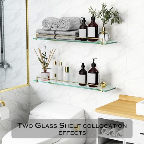 24 Inch Glass Bathroom Shelves,Brushed Gold Floating Shelves for Wall Rectangular Modern Stainless Steel Glass Shelf for Bathroom Shelves Wall Mounted - color: Brushed Gold, size: 24"with railing