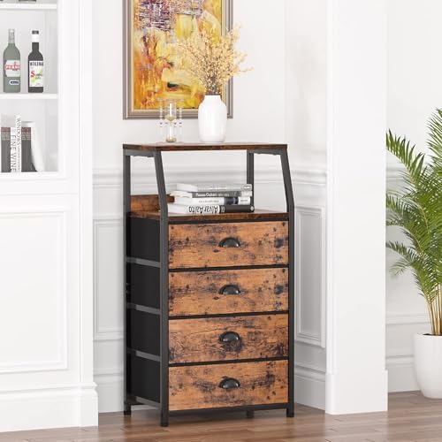 Furnulem Night Stand, Tall 4 Drawers Dresser for Bedroom, Hallway, Nursery, Closet Organizer, Nightstand Bedside Table Furniture, Vertical Storage Tower Fabric, Sturdy Steel Frame, Wood Top - color: Rustic Brown, style: 4 Drawers