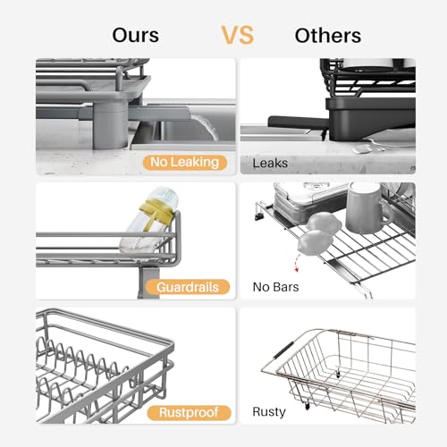 SNTD Dish Drying Rack - Extendable Dish Rack, Large Sink Drying Dish Drainer for Kitchen Counter, Stainless Steel Dish Strainer with Utensil Holder (Grey) - color: Gray