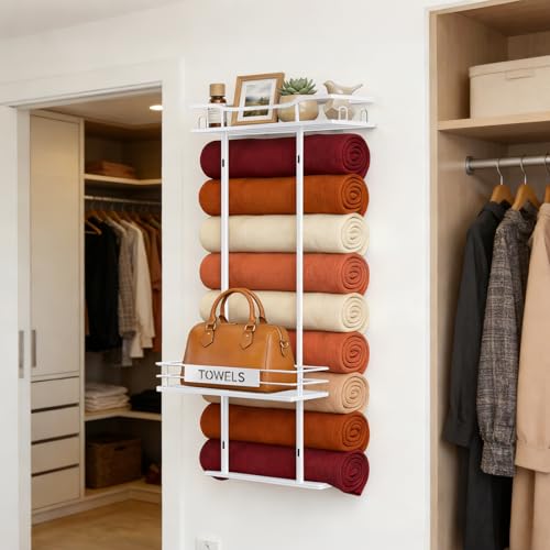 Towel Racks for Bathroom, 30inch Wall Mounted Towel Rack, Towel Storage for Small Bathroom Can Holds 6 Large Towels, Floating Shelf with Adjustable Tissue Basket.(White) - color: White
