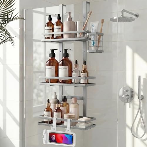 Over the Door Shower Caddy Hanging, Rustproof Shower Shelves with Waterproof Phone Pouch, Adjustable Bathroom Organizers and Storage, No Drilling Shampoo Soap Shelf (Silver 3-Tier) - size: Silver 3-Tier