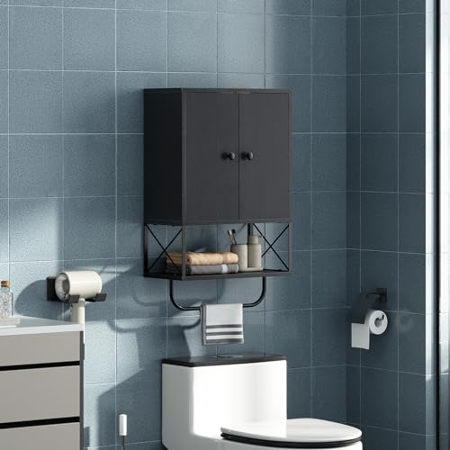 MAHANCRIS Bathroom Wall Cabinet with 2 Door and Adjustable Shelf, Farmhouse Medicine Cabinet with Towel Rack, 3-Tier Wall Mounted Storage Cabinet Over The Toilet for Bathroom Laundry Room, Black - color: Black, size: 15"L x 7.9"W x 26.1"H
