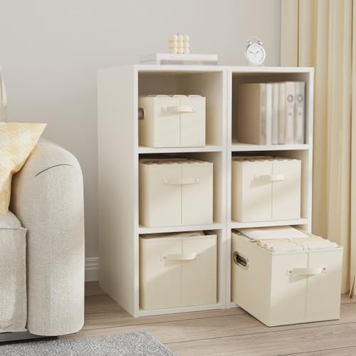 Foldable Cloth Basket with 4 Handles, Decorative Open Storage Boxes, Stackable Cube Organization, Fabric Bins for Shelves, Closet, Living Room, 13x9.1x7.9in, Beige, 2 Pack - color: Beige, size: 13x9.1x7.9 in(2 Pack)