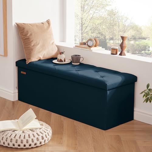 HAUSFRAU Storage Ottoman Bench with Flipping Lid, 43.3 Inches Storage Chest Footsrest, Folding Foot Stool for Entryway, Living Room, Bedroom, Linen Navy Blue - color: Navy Blue, size: 15"D x 43.5"W x 15"H