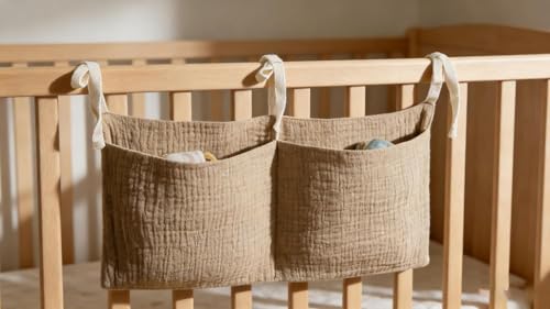 Bedside hanging bag for storing baby milk bottles and blankets - Baby diaper folding bed organizer bag - Brown - color: brown