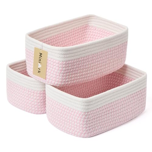 MiniArk Small Storage Baskets for Organizing | Closet Organizer Bins | Shelf Toy Basket | Woven Rope Baskets | Cube Decorative Box | Shallow Basket | 11.5x7.5x4.7” | 3 Packs White Pink - color: Off White/Pink, size: 3pcs-L11.5xW7.5xH4.7"