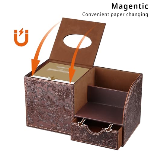 Nightstand Organizer with Tissue Holder,PU Leather Square Tissue Box Cover,Modern Facial Paper Organizer Storage Box for Remote Control,Bathroom,Vanity Countertop,End Table Home Office - color: Retro