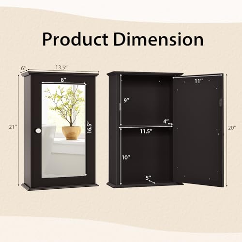 Tangkula Bathroom Medicine Cabinet with Mirror, Wall Mounted Single Mirror Door Storage Cabinet w/Adjustable Shelf, Wall Cabinet w/Reversible Door for Bathroom Living Room Hallway (Brown) - color: Brown