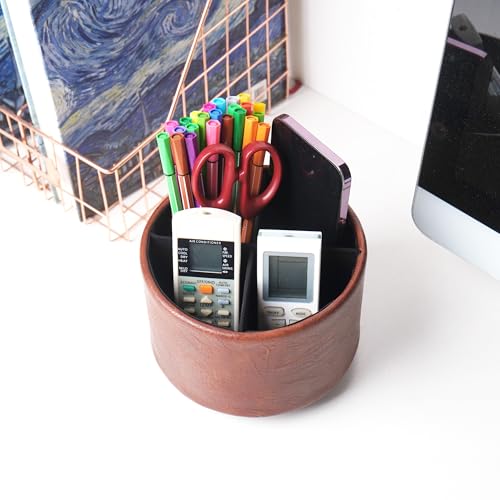 Hennaja Round Leather Art Supply Organizer,Remote Control Holder,360 Degree Spinning,Multi-Functional Pencil Holder,4 Compartments Desktop Stationary Organizer(1-Crazy Red) - color: 1-Crazy Red